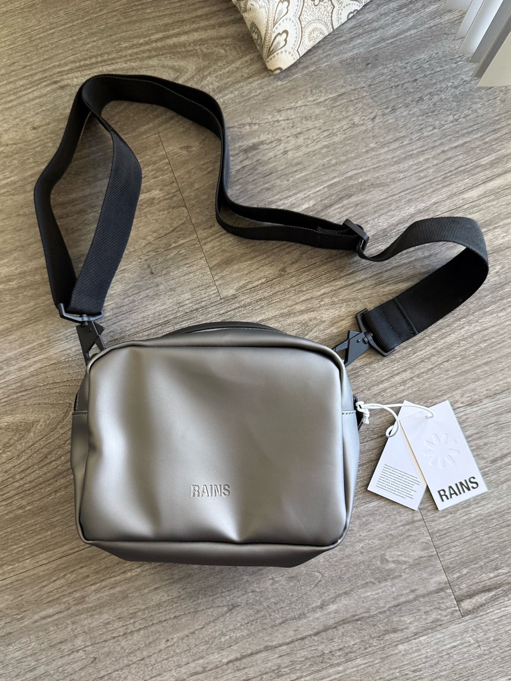 Rains Metallic Gray Box Bag NWT